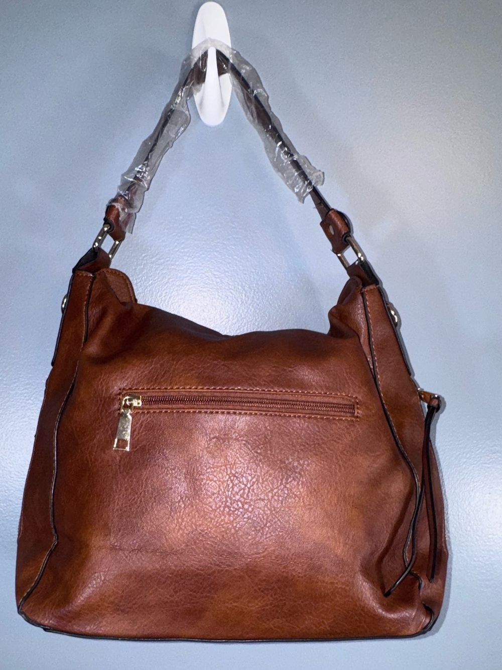 Brown Faux Leather Slouchy Hobo Shoulder Bag NWT Side Pockets Crossbody Strap - Picture 4 of 11